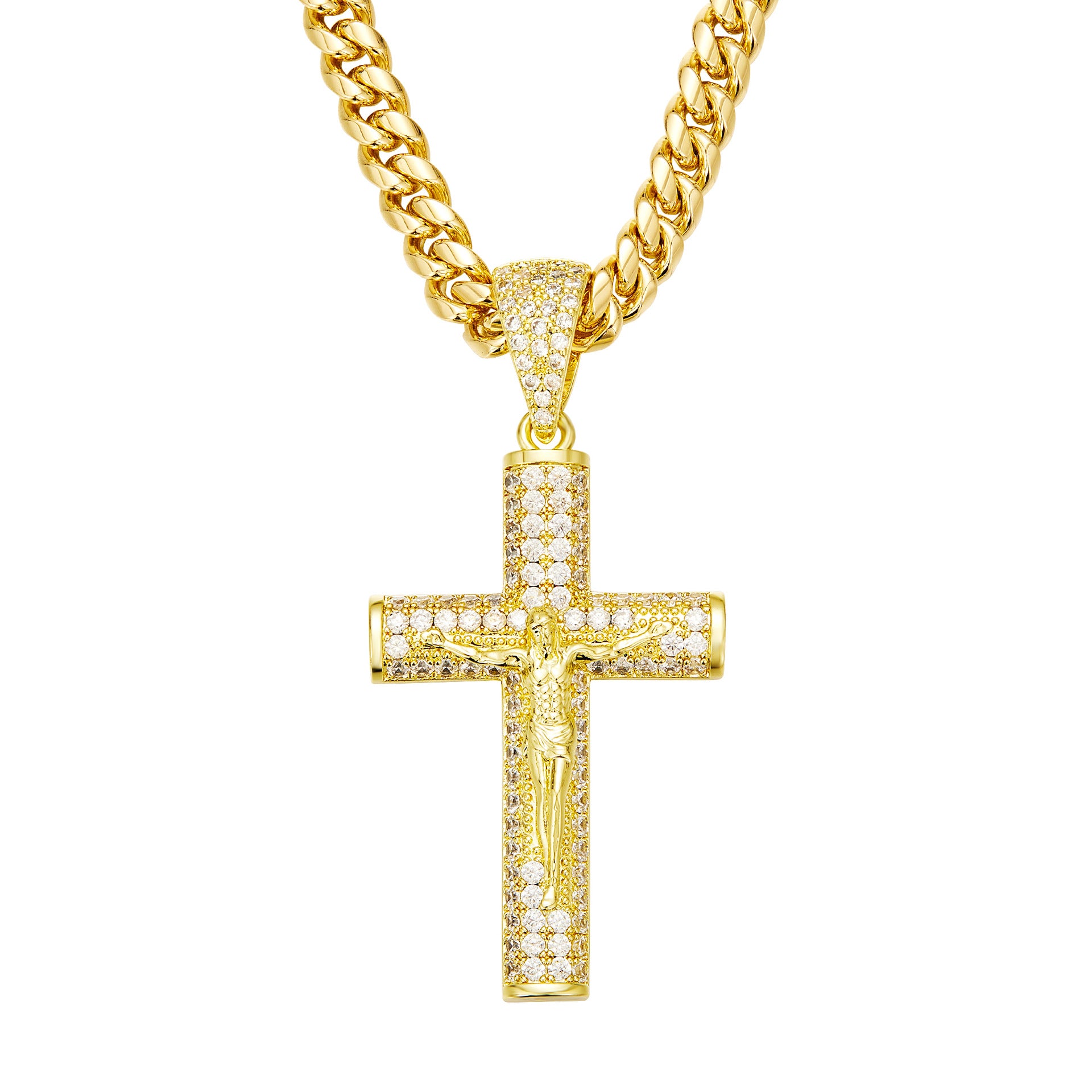 18K Gold Iced Out Jesus Cross Pendant Cuban Link Necklace | Religious Hip Hop Jewelry