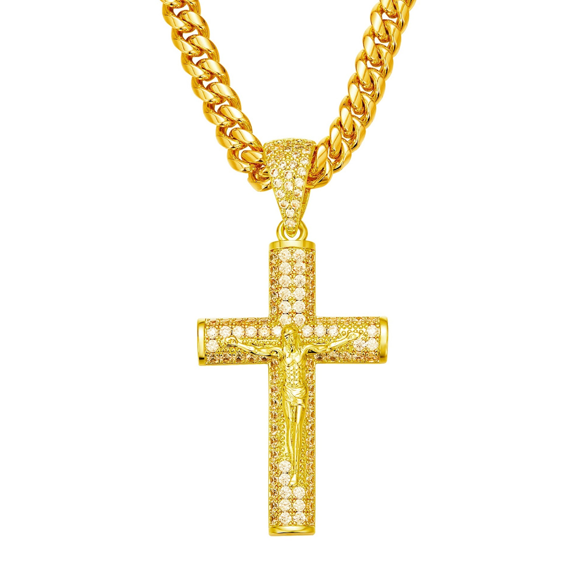 18K Gold Iced Out Jesus Cross Pendant Cuban Link Necklace | Religious Hip Hop Jewelry
