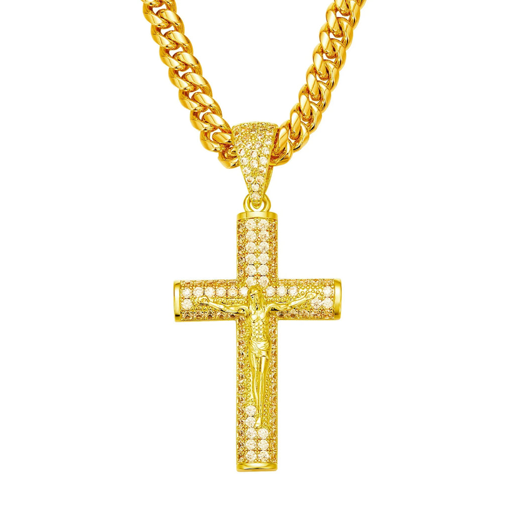 Pendentif Croix de Jésus en Or 18 carats serti de Zircons Cubiques, Collier Maille Cubaine | Bijoux Hip Hop Religieux | Livraison Gratuite & Sans Taxes | 62,5 % DE RÉDUCTION