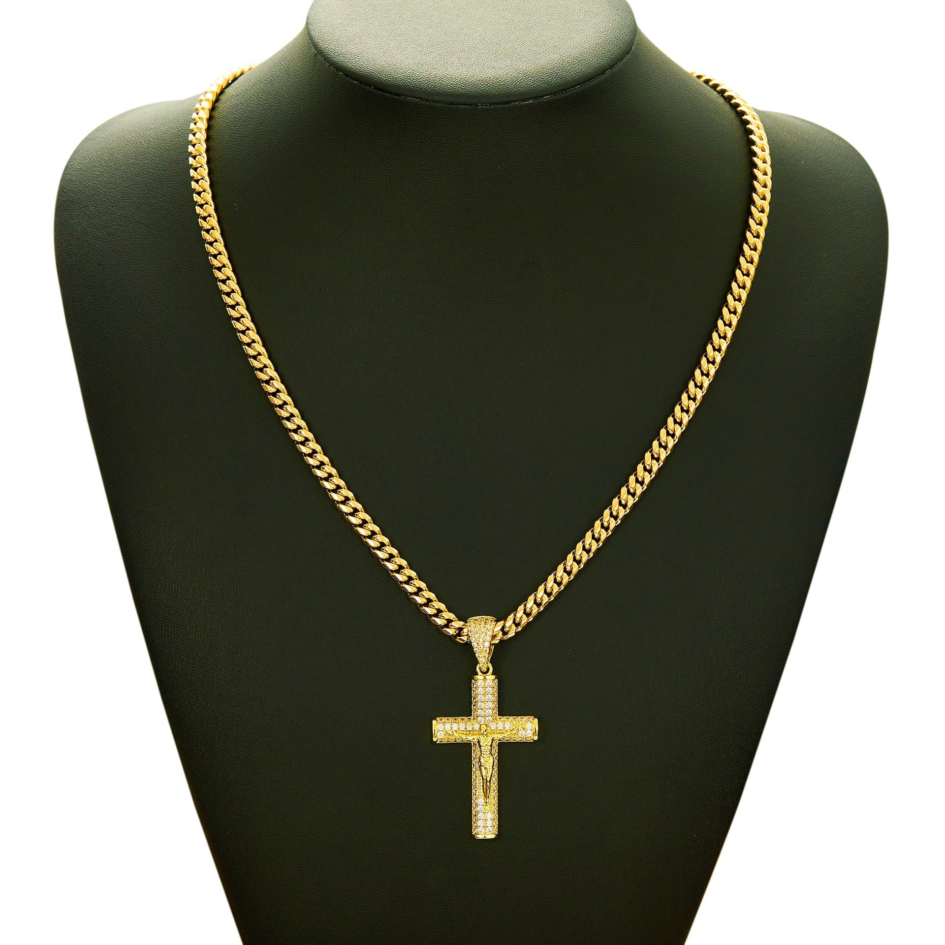 18K Gold Iced Out Jesus Cross Pendant Cuban Link Necklace | Religious Hip Hop Jewelry