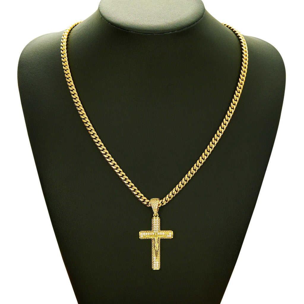 Pendentif Croix de Jésus en Or 18 carats serti de Zircons Cubiques, Collier Maille Cubaine | Bijoux Hip Hop Religieux | Livraison Gratuite & Sans Taxes | 62,5 % DE RÉDUCTION