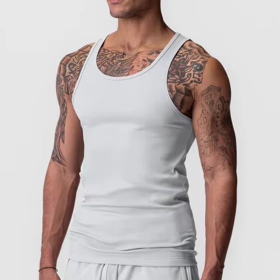 Incool men's compression gym vest top, fitness longitudinal beam, ribbed cotton knit casual style, custom-made design