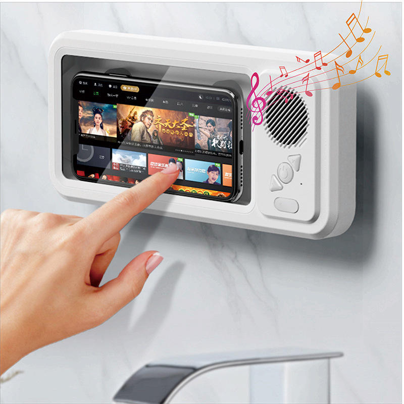 Waterproof Shower Phone Holder with Bluetooth Speaker – Touchscreen Bathroom Mount Case