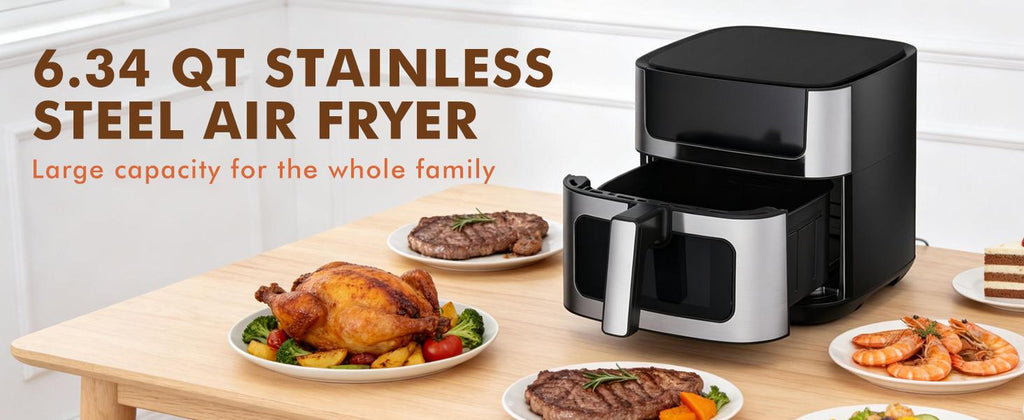 6.34QT Stainless Steel Air Fryer – 8 Presets, Smart Touch Screen & Family Size Capacity