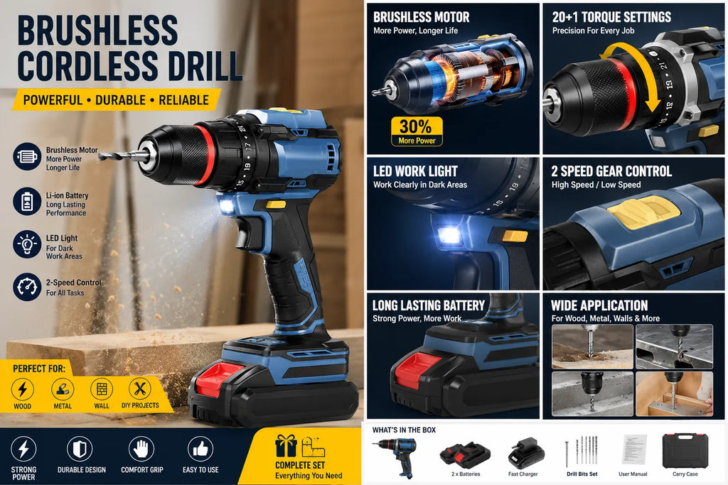 PowerPro 21V Impact Cordless Drill Kit – 23-Piece Professional Tool Set | Brush Motor with Hammer Function | Rechargeable Battery + Full Accessory Case