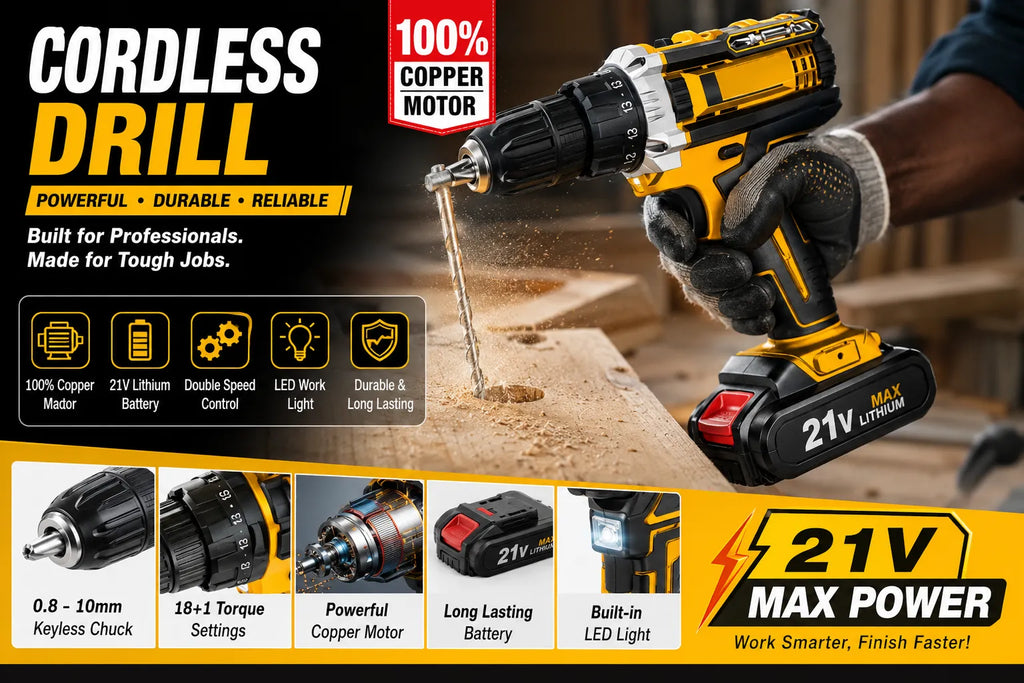 PowerPro 21V Impact Cordless Drill Kit – 23-Piece Professional Tool Set | Brush Motor with Hammer Function | Rechargeable Battery + Full Accessory Case