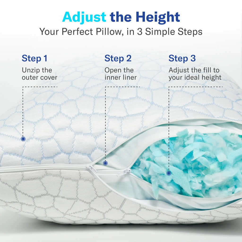 Cooling Pillow – Adjustable Shredded Memory Foam Pillow with Cooling-to-the-Touch Fabric, Dual-Sided Comfort & Breathable Support