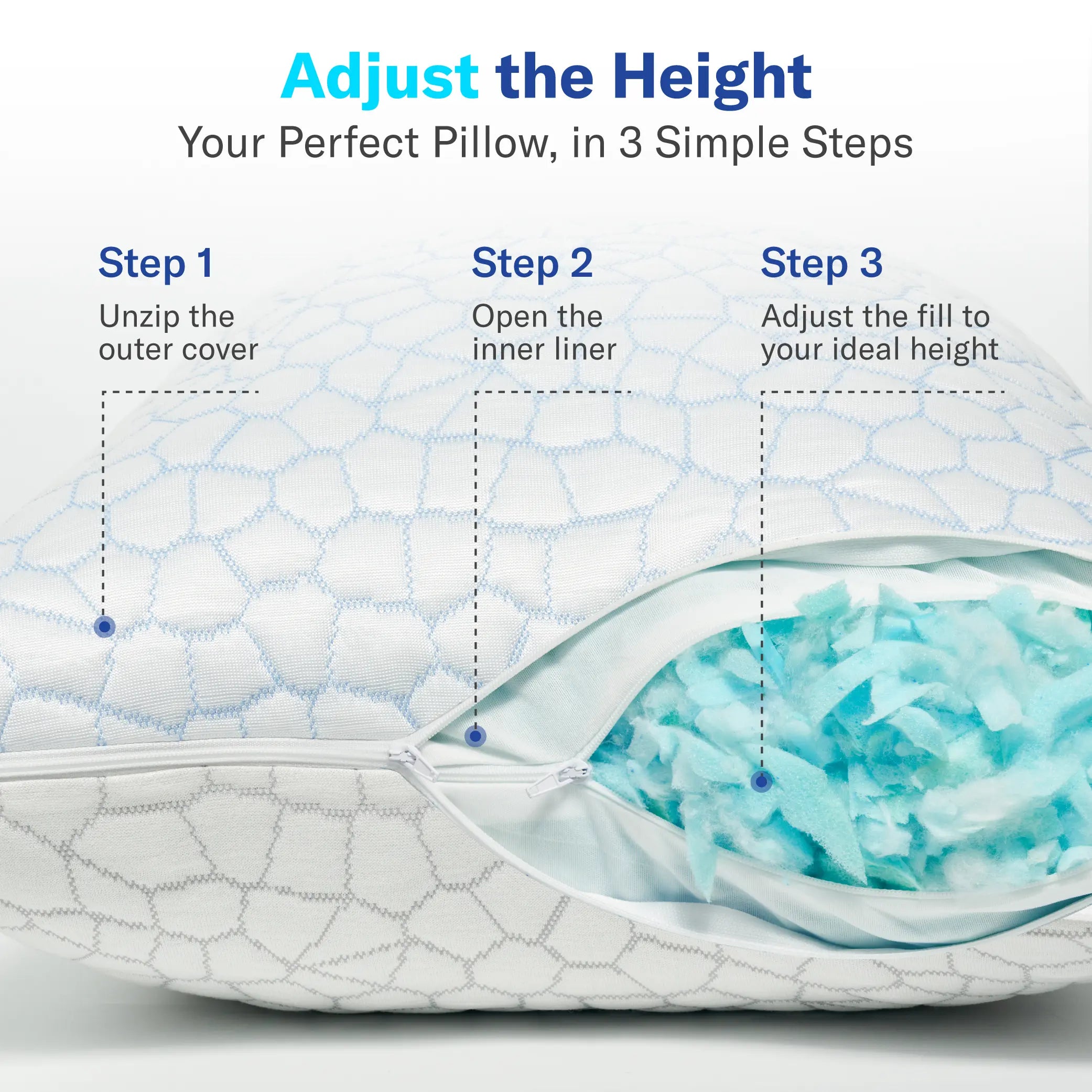 Cooling Pillow – Adjustable Shredded Memory Foam Pillow with Cooling-to-the-Touch Fabric, Dual-Sided Comfort & Breathable Support