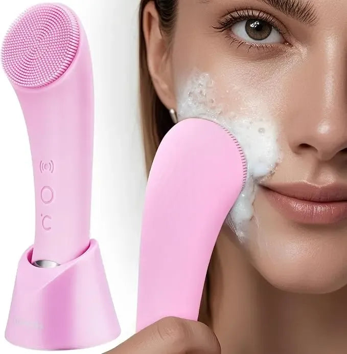 Facial Cleansing Brush, Dwenini Heatable Vibrating Face Scrubber with Massage, Silicone Face Scrubber for Women & Men, Electric Facial Cleanser for Deep Cleansing, Gentle Exfoliating (Pink) SummerWins DealsForYouDays