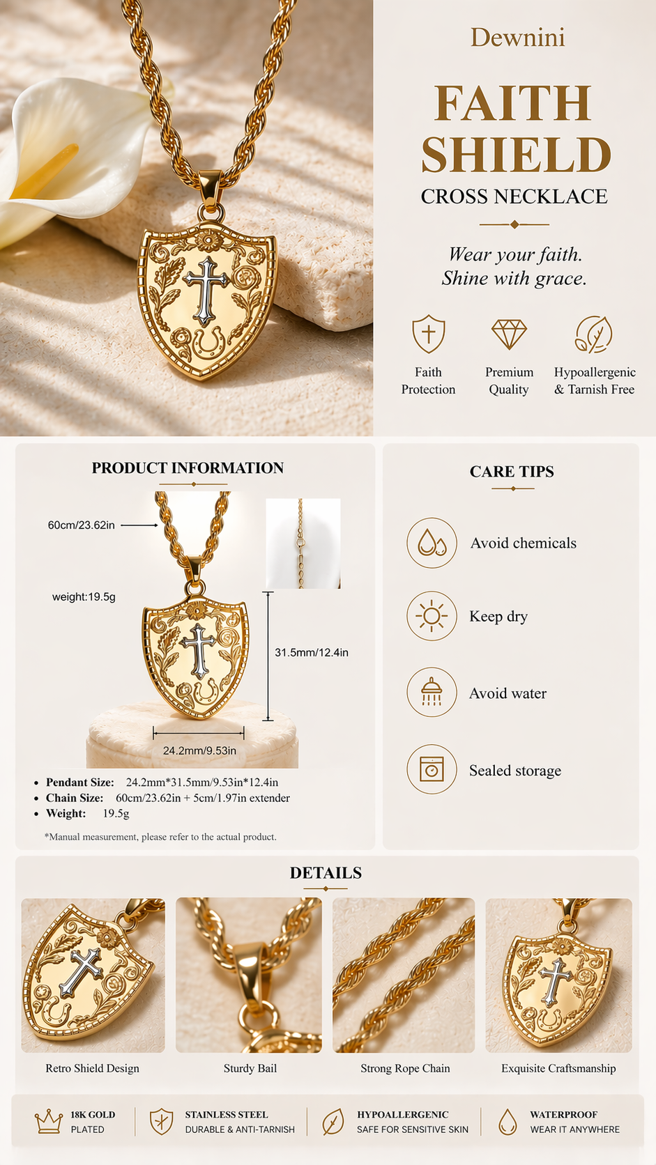 Faith Shield Cross Necklace for Men & Women | 18K Gold Plated Stainless Steel | Hypoallergenic & Waterproof | Free Shipping & Tax-Free