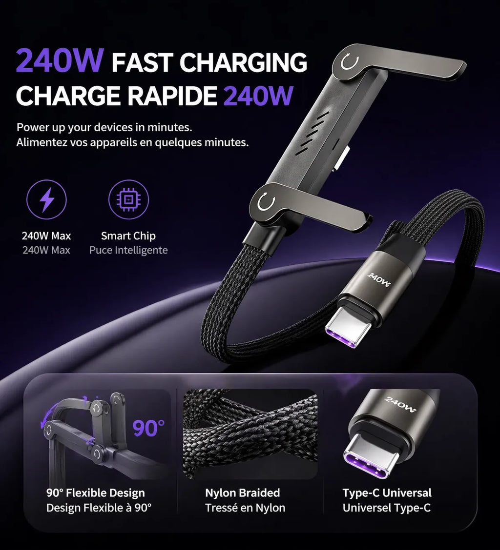 Support de câble de recharge USB-C 2-en-1 240W | Support de téléphone réglable 90°/360° | Tressé en nylon | Charge rapide | Livraison gratuite et sans taxes