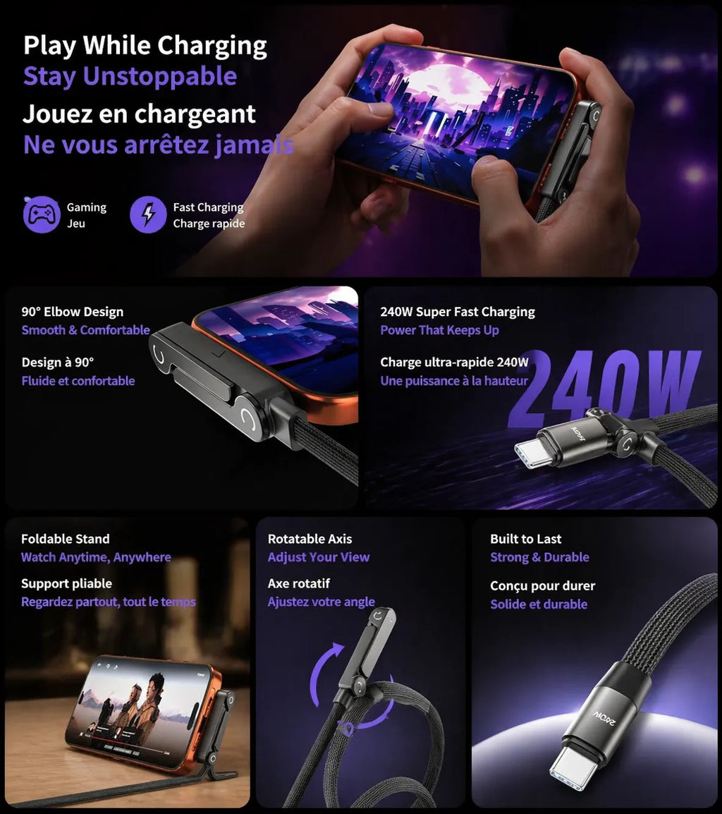 Support de câble de recharge USB-C 2-en-1 240W | Support de téléphone réglable 90°/360° | Tressé en nylon | Charge rapide | Livraison gratuite et sans taxes