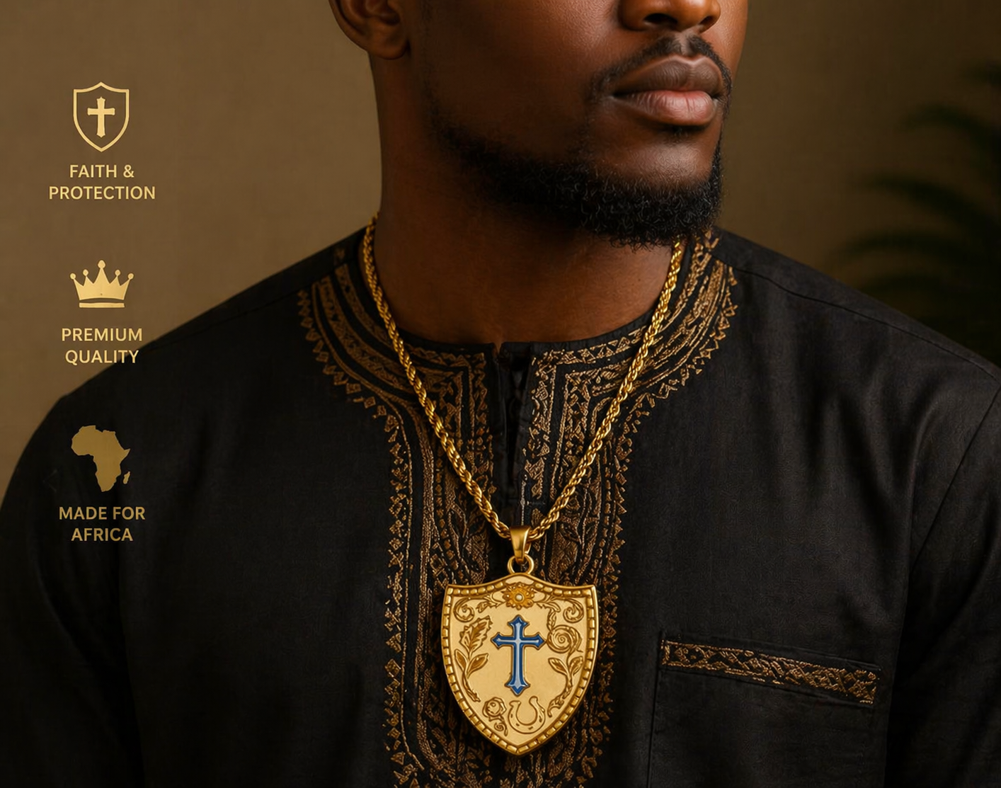 Faith Shield Cross Necklace for Men & Women | 18K Gold Plated Stainless Steel | Hypoallergenic & Waterproof | Free Shipping & Tax-Free