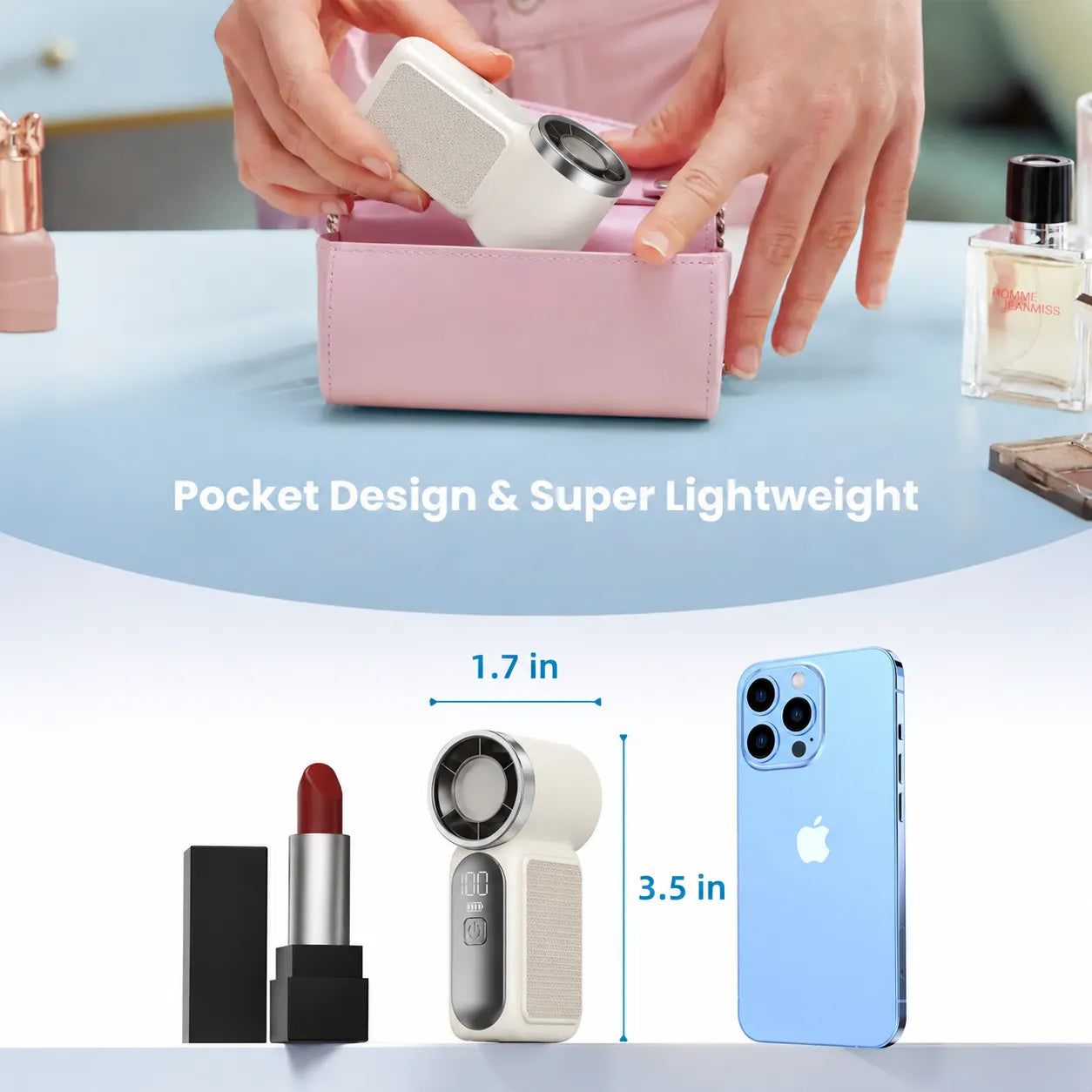 Mini Handheld Fan with LED Display – 6-Speed Turbo Pocket size Fan for Women. USB Rechargeable, High-Speed Cooling for Travel & Makeup.