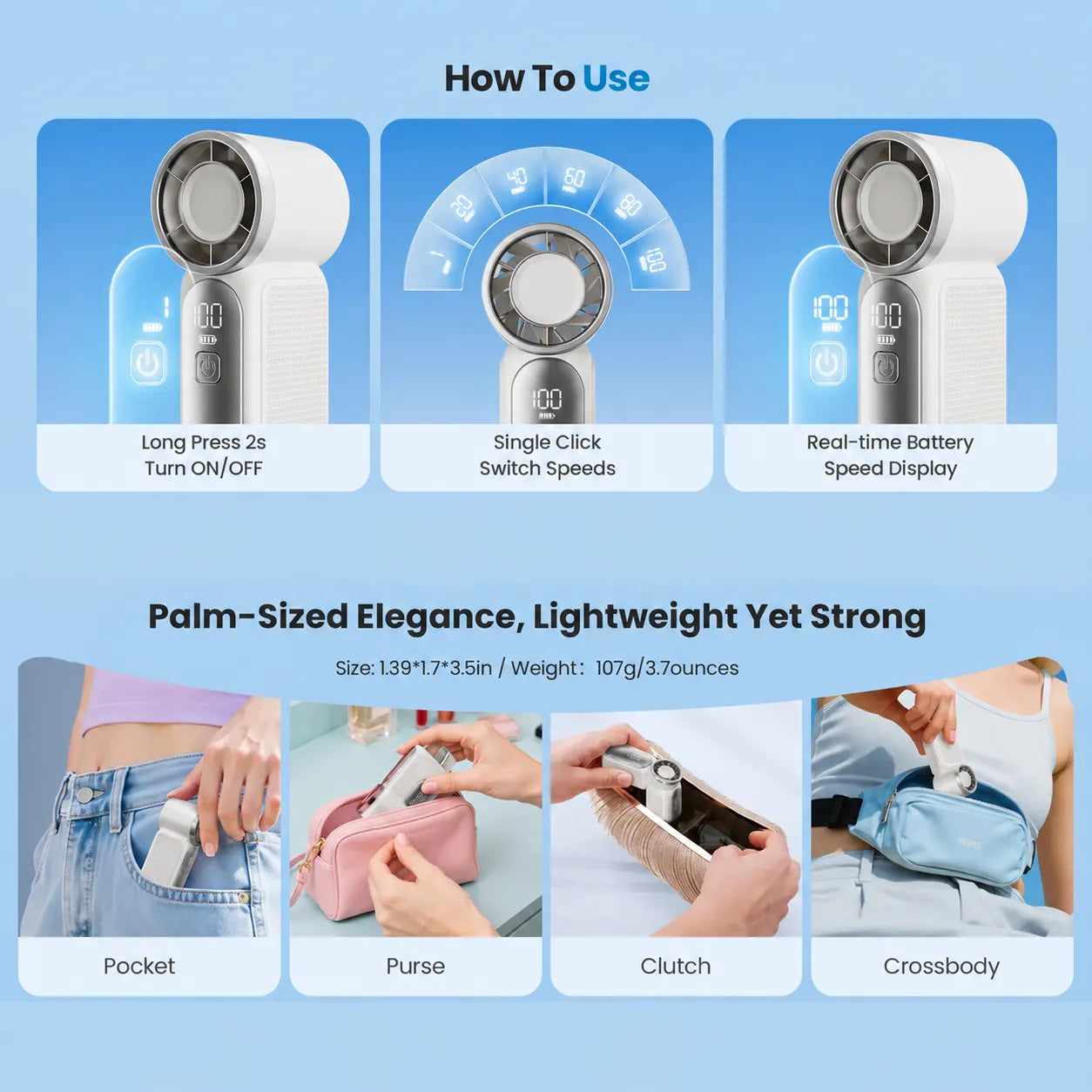 Mini Handheld Fan with LED Display – 6-Speed Turbo Pocket size Fan for Women. USB Rechargeable, High-Speed Cooling for Travel & Makeup.