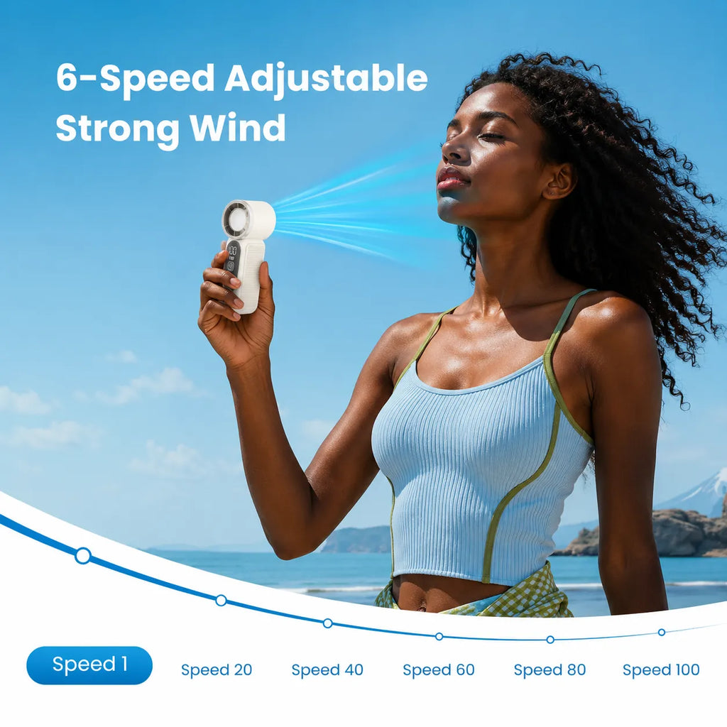 Mini Handheld Fan with LED Display – 6-Speed Turbo Pocket size Fan for Women. USB Rechargeable, High-Speed Cooling for Travel & Makeup.