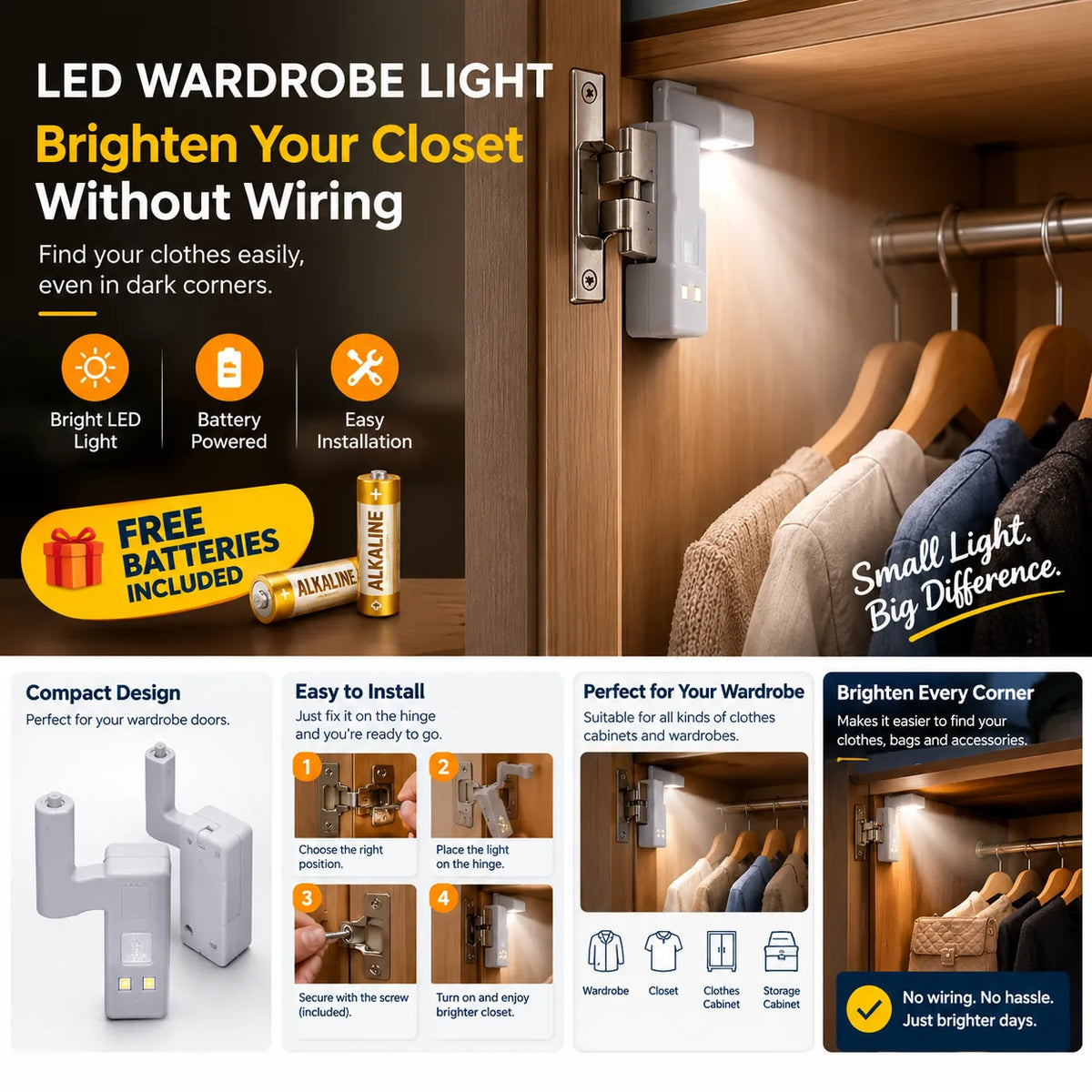 Light up your wardrobe and find your clothes easily, even in dark corners.