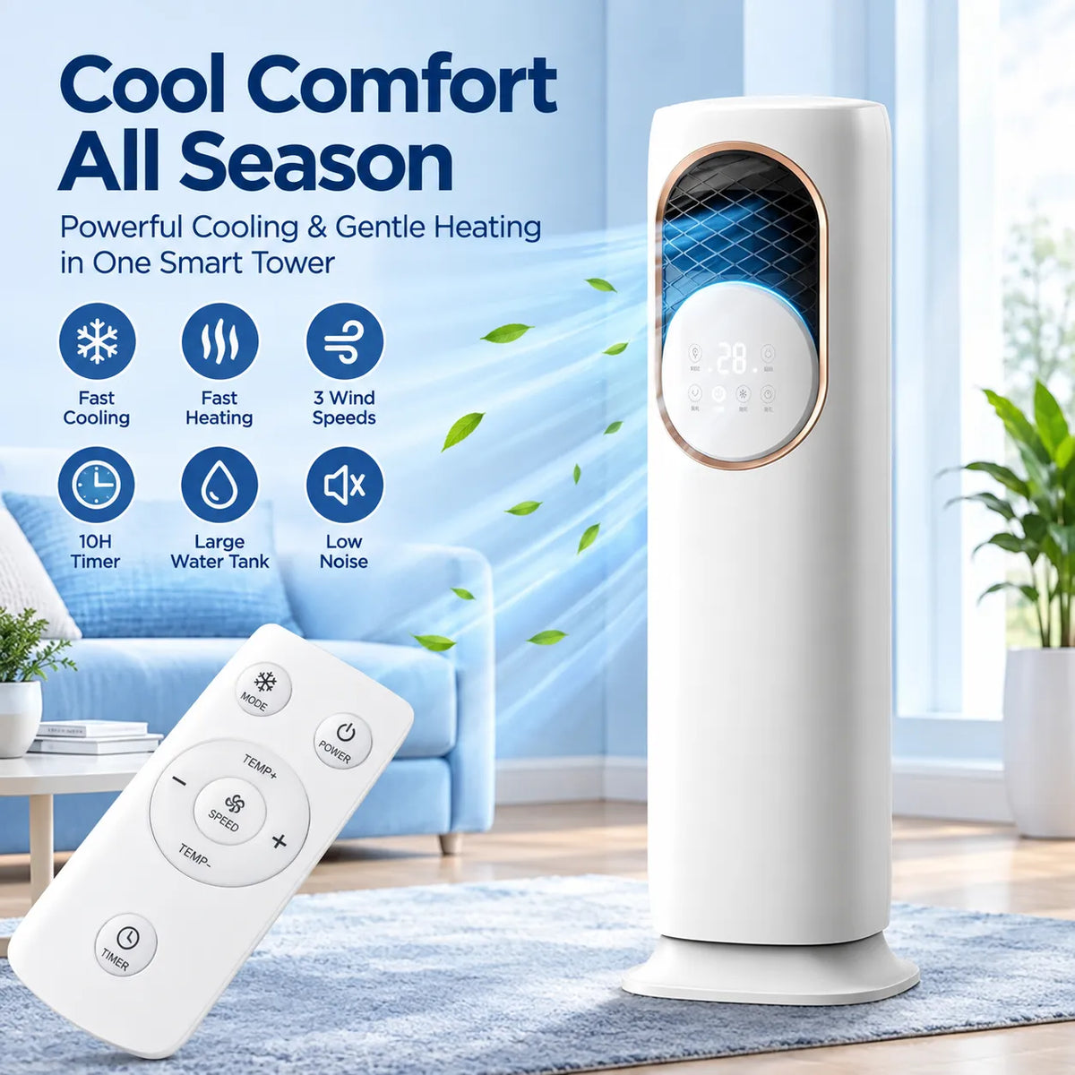 Portable Air Cooler – 1200m³/h Fast Cooling, 10L Water Tank, Remote Control, No Installation