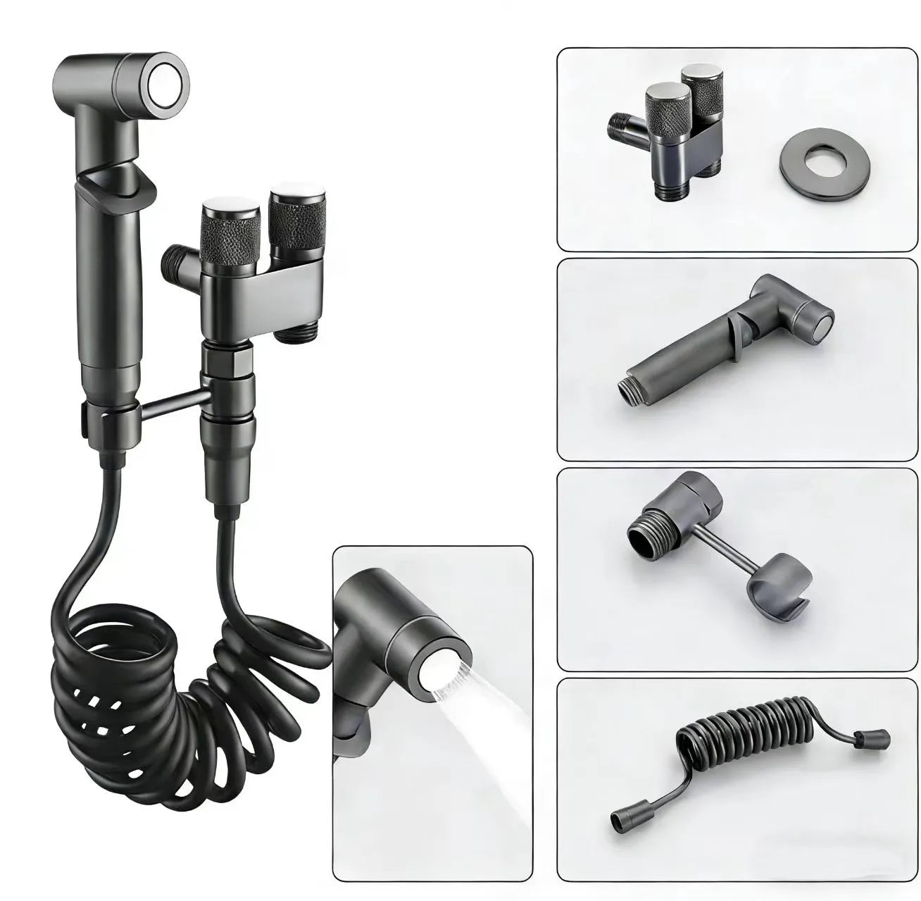 Ensemble de pulvérisateur de bidet portable de qualité supérieure avec valve en acier – Kit de nettoyage de salle de bain (Noir/Gris) | Livraison gratuite et aucune taxe | 33 % DE RÉDUCTION