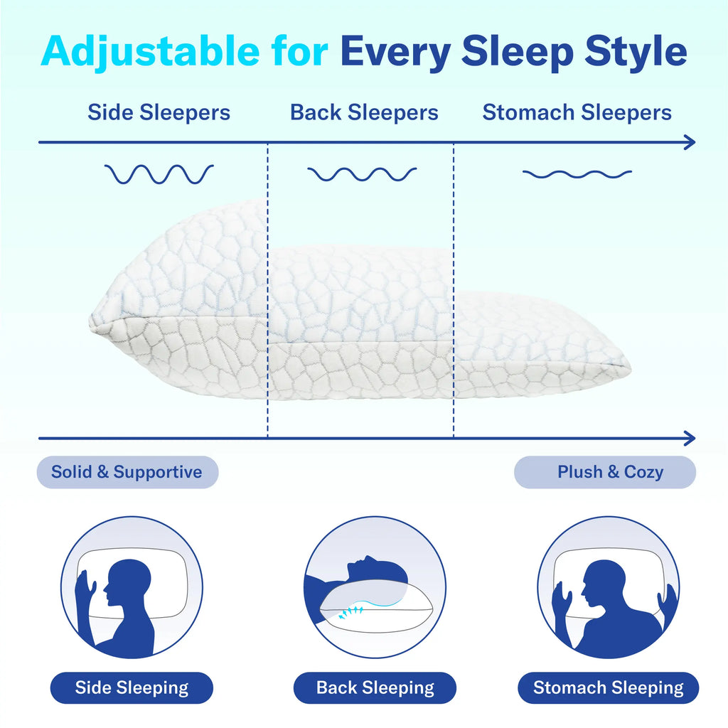 Cooling Pillow – Adjustable Shredded Memory Foam Pillow with Cooling-to-the-Touch Fabric, Dual-Sided Comfort & Breathable Support