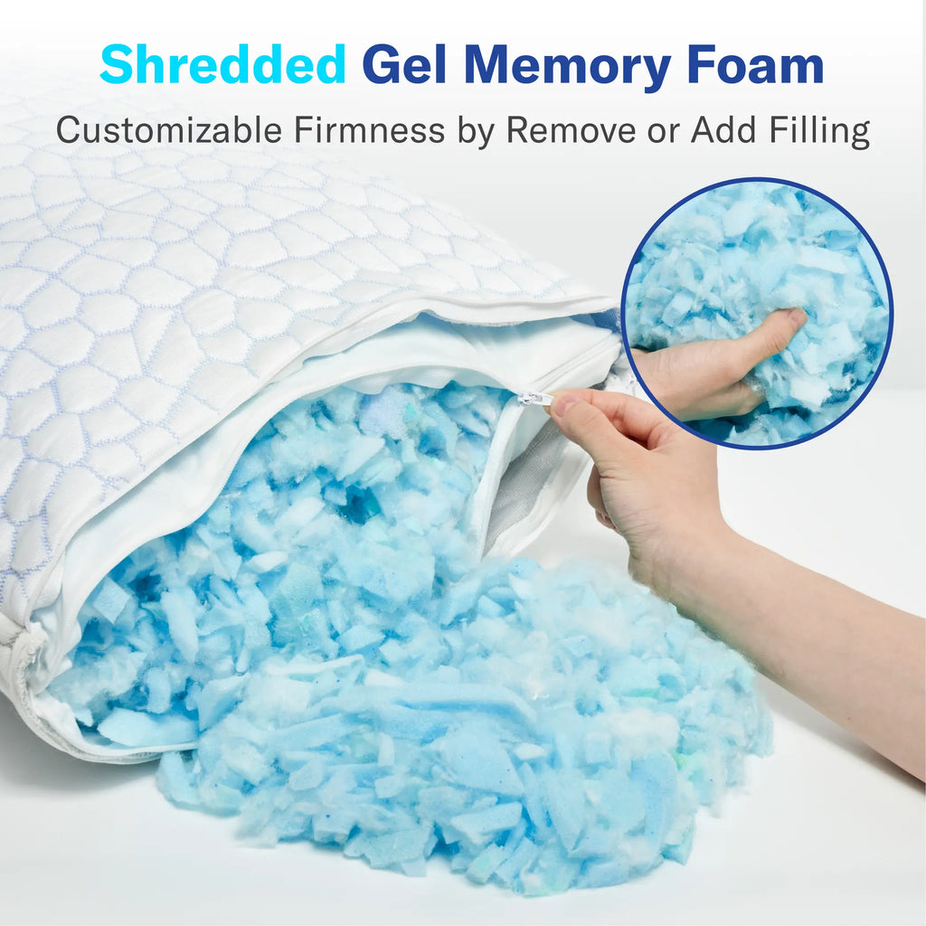 Cooling Pillow – Adjustable Shredded Memory Foam Pillow with Cooling-to-the-Touch Fabric, Dual-Sided Comfort & Breathable Support